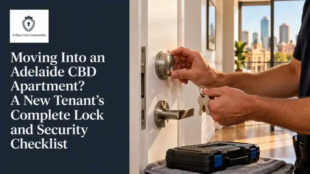 Locksmith checking an Adelaide CBD apartment deadbolt while holding a set of keys