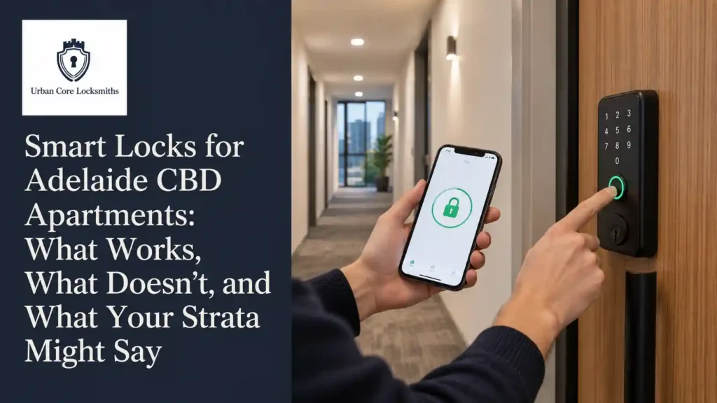 Resident using a phone app and keypad smart lock at an Adelaide CBD apartment door