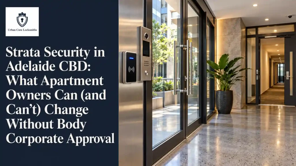 Adelaide CBD apartment foyer with glass entry doors, a fob reader and video intercom
