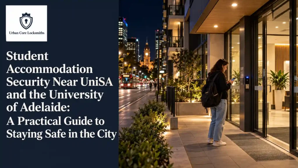 Student checking their phone outside a well-lit Adelaide CBD apartment entrance at night